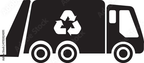 Black silhouette of a garbage truck with a recycling symbol
