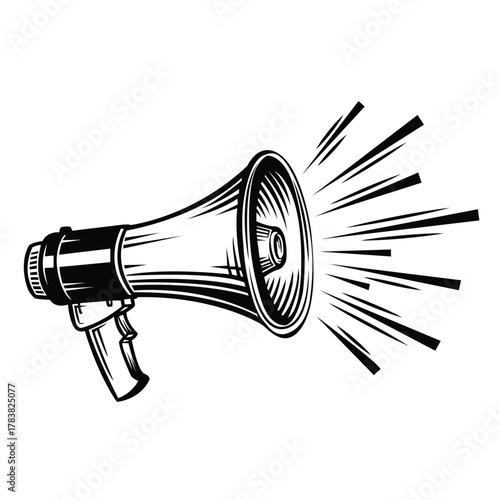 Black and white woodcut style illustration of a megaphone or bullhorn projecting sound waves, symbolizing loud announcement and protest.
