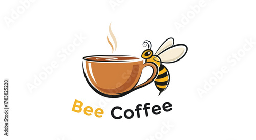 Cute cartoon bee character holding a steaming coffee cup logo.