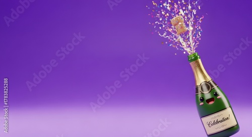 A cheerful, anthropomorphic champagne bottle celebrates with bursting confetti against a purple backdrop.