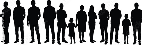 Group of people silhouette standing together, men women and children diverse crowd, community unity concept, teamwork, social connection, friendship vector illustration