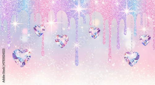 キラキラのハートジュエルとグリッタードリップ　パステルカラーの可愛い背景
