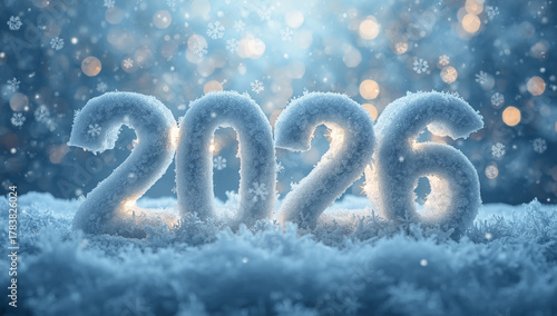 The numbers for the coming year 2026 made of snow and snowflakes against a blurred background of Christmas lights and falling snow.