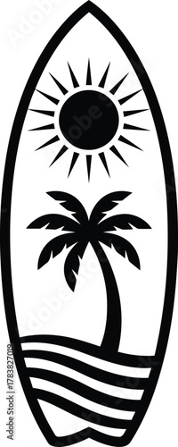 Surfboard silhouette with tropical scene and sun