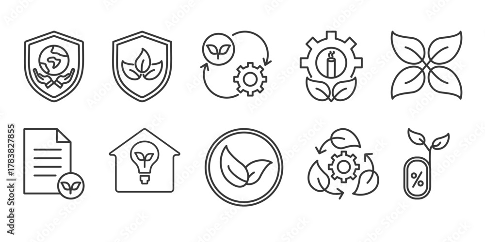 Fototapeta premium eco friendly icon set collection in outline style. Icon pack contain eco friendly, Save the world, save forest, enviromental, green factory, leaf, eco friendly fabric, eco home, organic product