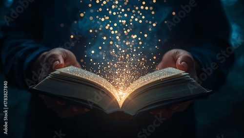 Hands holding an open book with magical light and sparkles