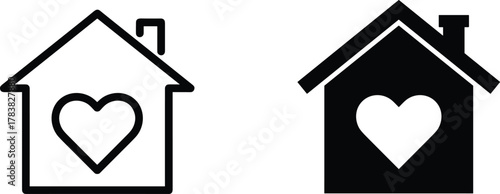 Home with heart love symbol icon, family care and charity house vector illustration, black and white minimalist real estate design.