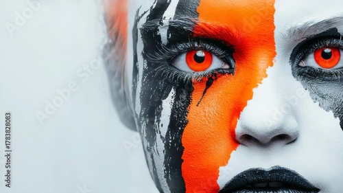 Bold face paint design featuring vivid orange and black colors on a model with striking red eyes
