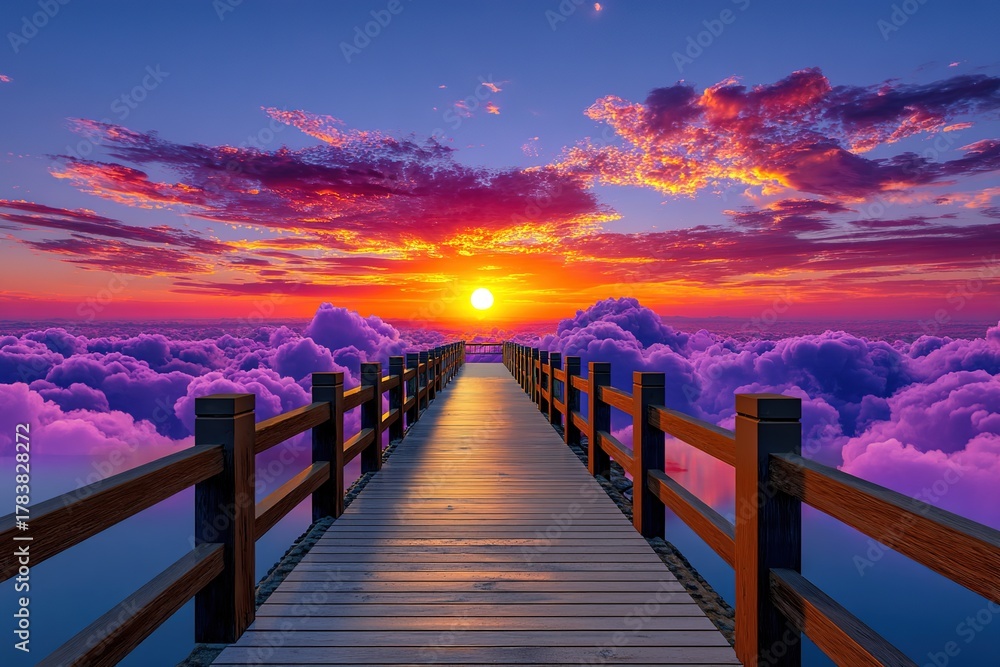Fototapeta premium Wooden Path to Sunset Over Clouds Dreamy Sky