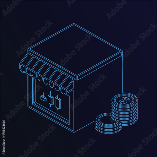 Isometric Online Crypto Currency Exchange Vector Illustration Digital Marketplace Financial Investment Trading Platform E-Commerce Storefront Money Coins and Candlesticks