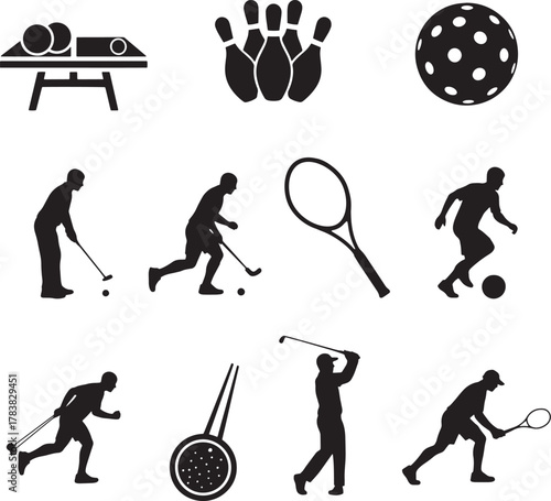 Sports icons featuring athletes and equipment golf hockey