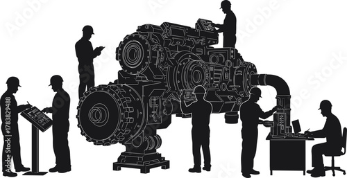 Industrial engineers working on large machine, factory teamwork, mechanical design, maintenance, 