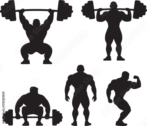 Muscular silhouettes lifting barbells and flexing male weightlifting