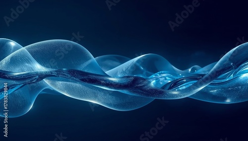 Abstract blue wave of particles on dark background, flowing concept