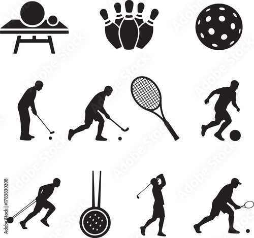 Sports icons depicting various athletic activities and equipment silhouette golf