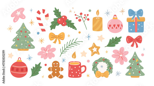 Christmas hand drawn cute, vintage doodle elements. Christmas tree, gift, star, bows, candy cane, baubles, cacao, confetti, snowflake, holly. Holiday retro decorations. Vector illustration.