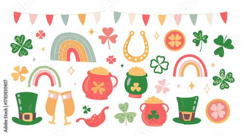 St. Patrick’s Day hand drawn cute, vintage doodle elements. shamrocks, leprechaun hats, pots of gold, rainbows, beer mugs, Celtic knots. Holiday retro decorations. Vector illustration.