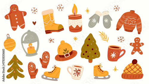 Vintage Winter elements set crayon drawn kids. Cute Winter season. Hand drawn crayon doodle snowflakes, mittens, scarves, wool hats, mugs. Vector illustration.