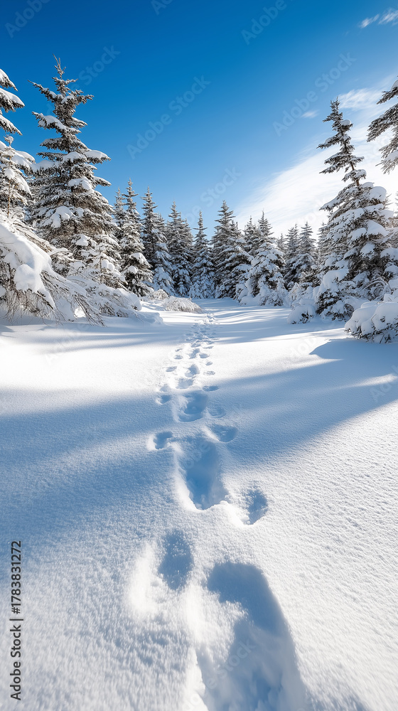 Obraz premium Snow-covered landscape with trail of footprints leading through winter forest under clear blue sky. 