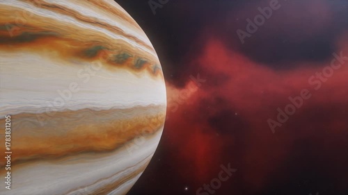 Seamless Cosmic Flight: Jupiter-like Gas Giant & Red Nebula