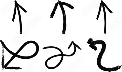 Collection of six hand drawn arrow icons with different styles and directions isolated on transparent background