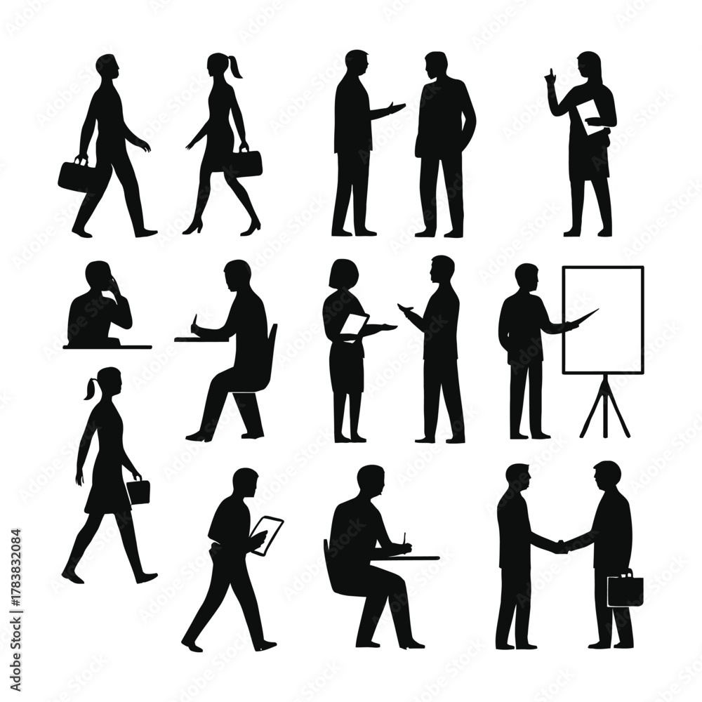 Obraz premium diverse business people icon. business icon set. Collection of diverse business people silhouettes in various professional poses and activities