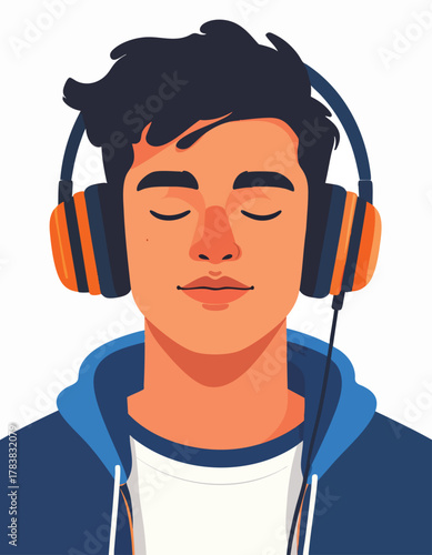 A young man with closed eyes, wearing headphones and a hoodie, listening to music.