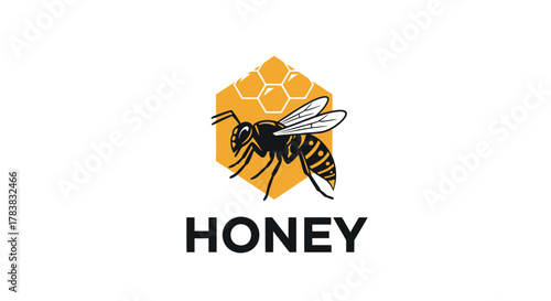 A stylized bee in front of a honeycomb segment with the word HONEY below.