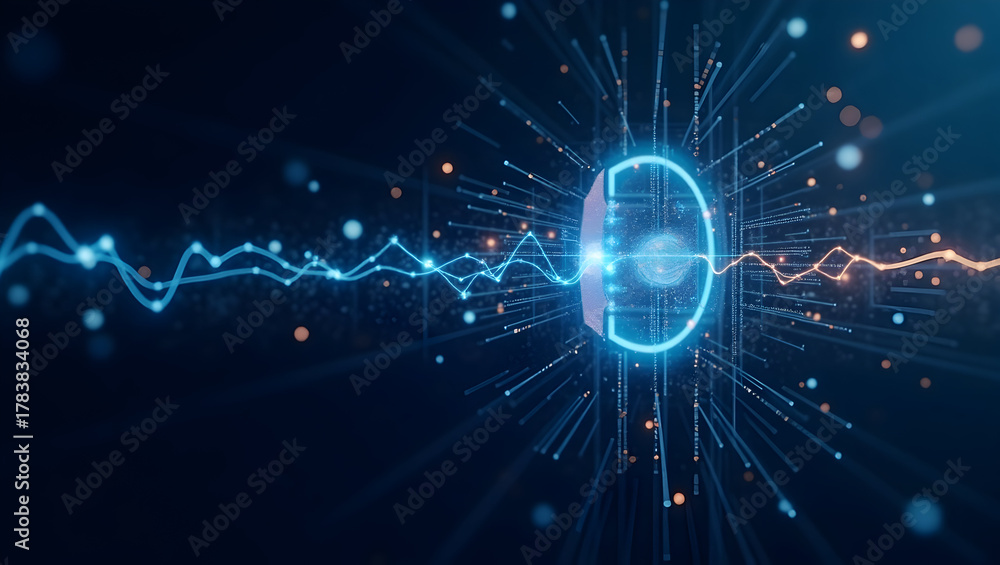 Fototapeta premium Robust 5G Signal Transmission Architecture: Ultra Low Latency Data Exchange & Enhanced Connectivity for Next-Gen Communications - Photo Stock Concept with Left Space