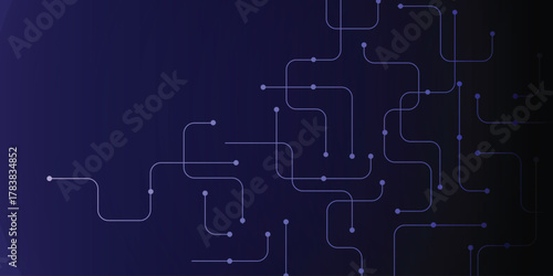 Abstract technology circuit board background with rounded line traces and glowing nodes on dark blue gradient , modern digital network banner