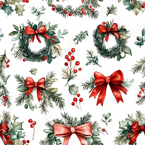 Seamless watercolor christmas pattern with wreaths and bows holiday decor artistic design festive environment aesthetic view