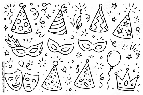 Hand-drawn doodle vector set of party hats and masks, created in a lively sketchy style, isolated on white background
