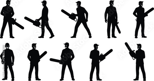 Chainsaw, silhouette, worker, helmet, gear, forest, tool, posture, action, danger, cutting, black, white, safety, isolated, stance, operator, equipment, character, design