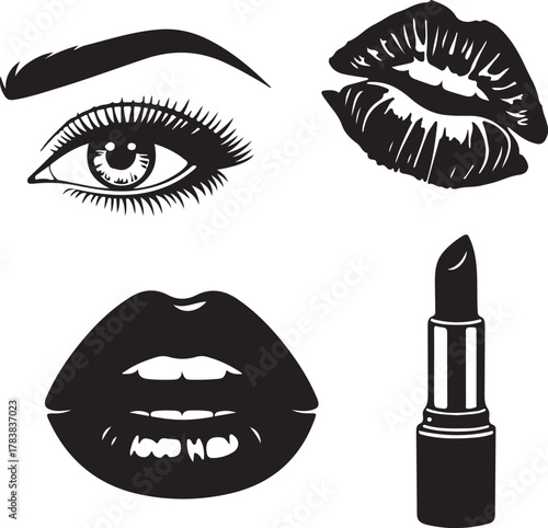 Stylized beauty collection: graphic eye with lashes, an eyebrow, plump lips, a kiss mark, and a lipstick tube for cosmetic design.
