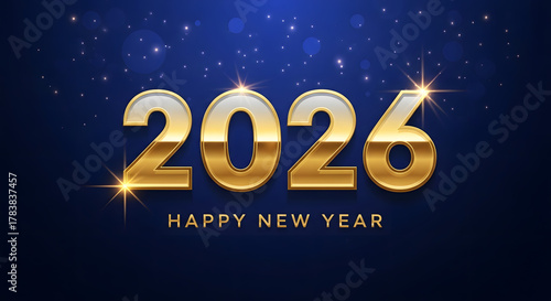 Happy new year 2026 golden text on dark blue background with sparkles