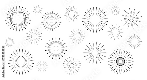 A set of fireworks icons, isolated on a white background. Black and white vector illustration. The graphic element is a holiday sign for a postcard, design, celebration, banner. Sparks, sun rays