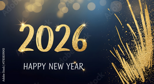 Happy new year 2026 with golden sparkle and bokeh background