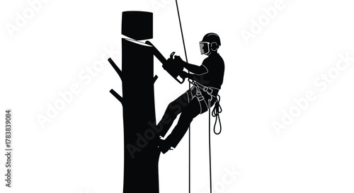 Professional arborist cutting tree with chainsaw, worker wearing safety harness and helmet, forestry pruning, outdoor maintenance, climbing, and logging job illustration.