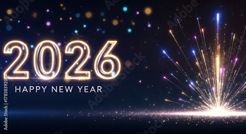 Happy new year 2026 with fireworks and bokeh lights