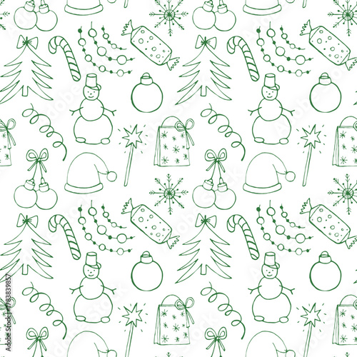 Cute doodle seamless pattern with New Year and winter symbols. Design for Christmas