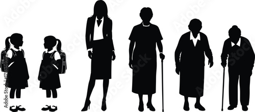 Female silhouette, aging stages, life progression, childhood to elderly, black figures, development timeline, health care, identity, growth, education, psychology, cane, backpack, posture, frailty,