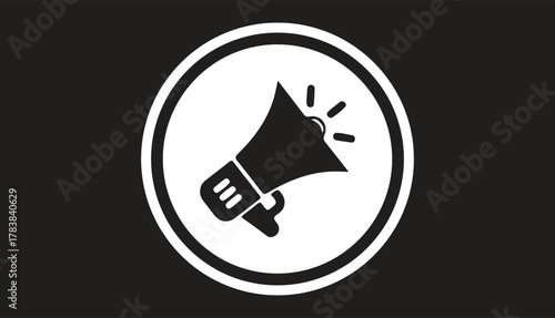 Black and white icon of a megaphone inside a circle on a dark background