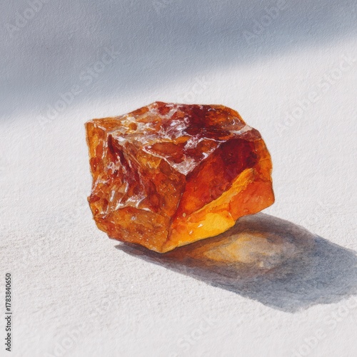 Single amber piece with a rough, unpolished surface, set against a soft, blurred background to focus on its organic texture watercolor