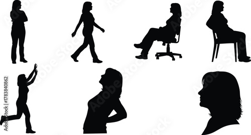 Human silhouette, body posture, movement gesture, black figures, walking, running, sitting, standing, arms raised, side profile, chair, action, pose, gesture, physical activity, animation