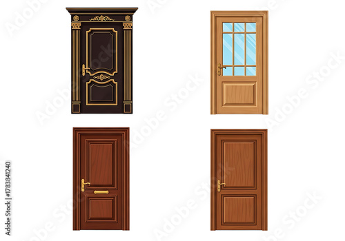 Collection of diverse wooden door designs against a black background