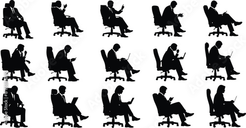 Office chair silhouettes, business suit posture, seated workers, black figures, laptop use, phone gesture, workplace behavior, ergonomic setup, communication, desk activity