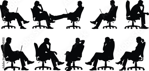 Office chair silhouettes, laptop users, phone calls, seated posture, black figures, remote work, ergonomic study, workplace behavior, white background