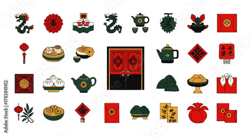 A vibrant collection of traditional Chinese cultural icons and symbols, perfect for celebrating Lunar New Year and Asian heritage designs.