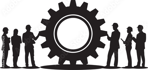 Silhouettes of people in hard hats around a large gear