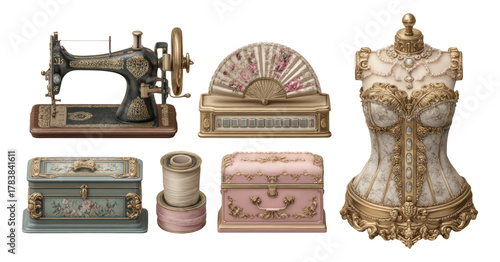 Antique sewing machine, ornate dress form and decorative boxes on transparent backdrop